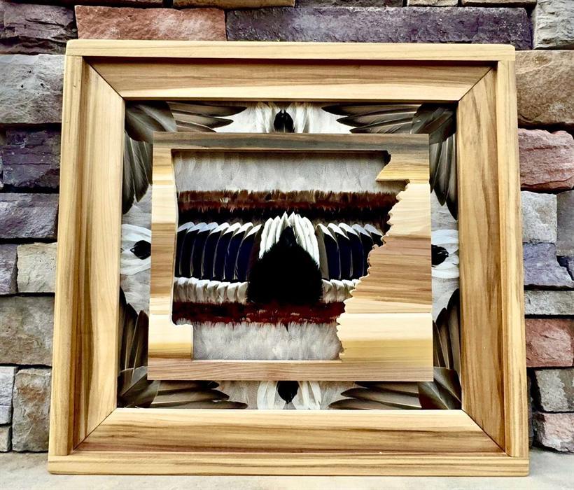 Arkansas State Frame — the state cut from reclaimed pine over mallard duck feathers