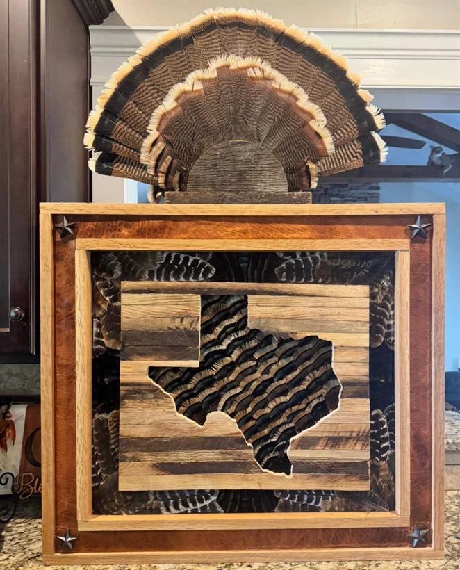 Texas State Frame — reclaimed wood flag with the state of Texas revealing wild turkey feathers, topped by a mounted turkey fan